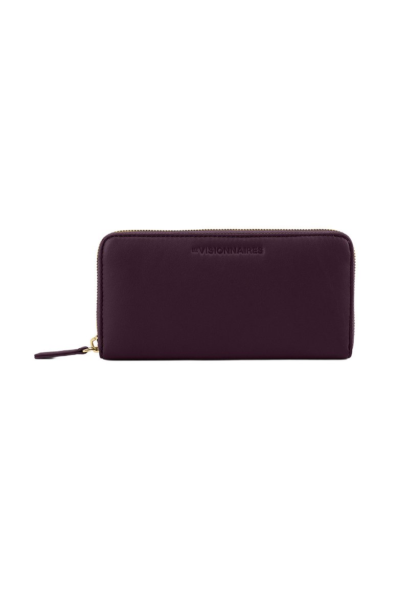 Purple leather wallet with a zip closure, featuring a smooth texture and embossed branding. Gold hardware accents and a pull tab.