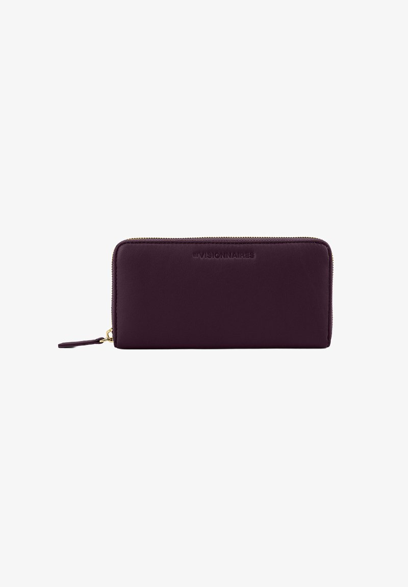 Purple leather wallet with a zip closure, featuring a smooth texture and embossed branding. Gold hardware accents and a pull tab.