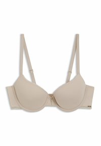 Beige pehmeä rintaliivi saumatonta kuppia ja säädettäviä olkaimia. Keskiosassa ja sivupaneeleissa on hienovarainen pitsireunus. Sileä matta pinta.