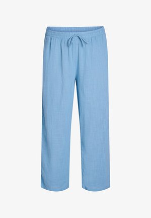 Helles Blau, lässige Hose mit elastischem Bund und Kordelzug. Weicher, strukturierter Stoff mit einem subtilen Gewebemuster.