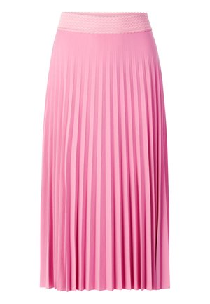 Gonna plissettata in tessuto fucsia brillante con una cintura elastica texturizzata. Il materiale cade morbido, enfatizzando il design a strati.