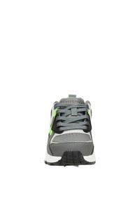 Gray athletic shoe with black accents and neon green detailing. Features a padded tongue, textured laces, and a rubber outsole.
