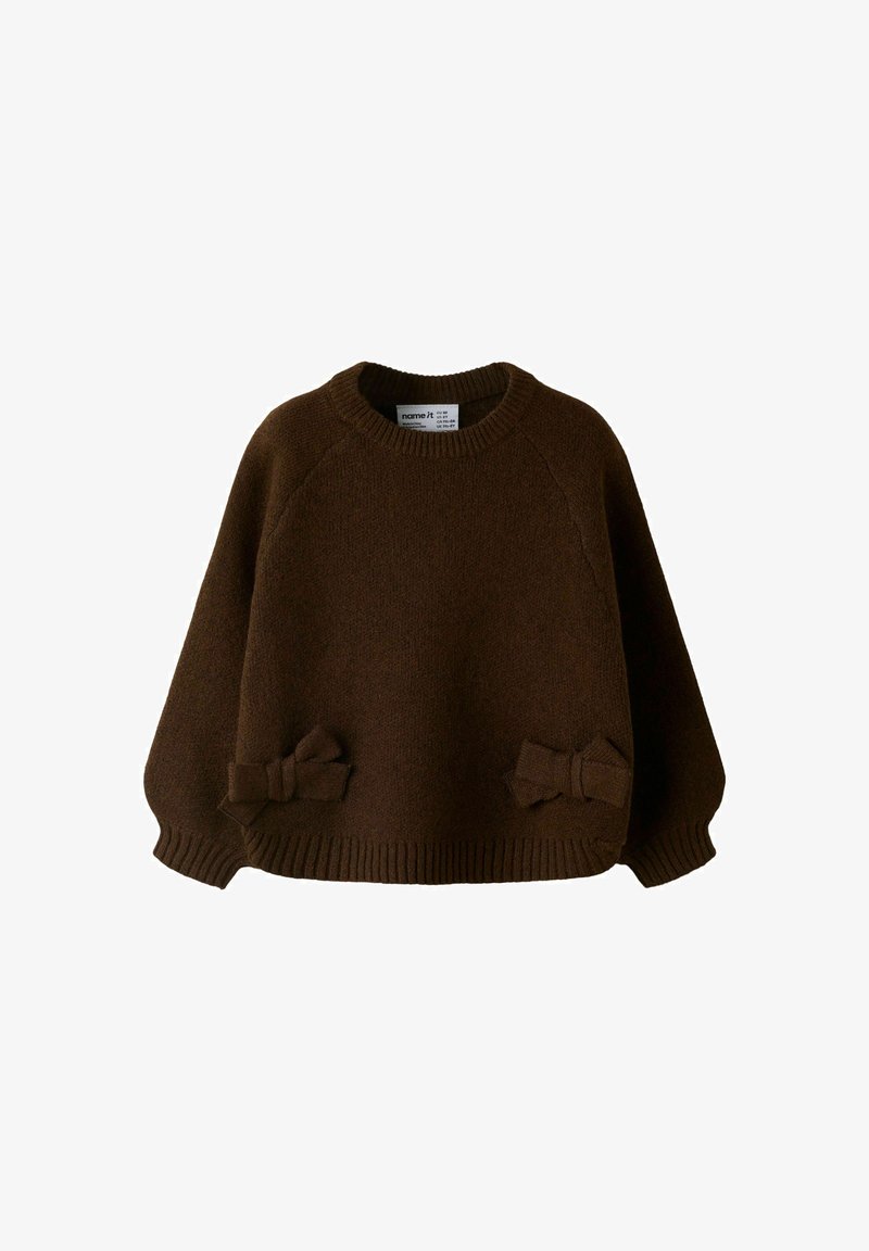 Pull marron en maille à manches longues avec poignets et ourlet côtelés, décoré de deux nœuds près du bas devant de chaque côté.