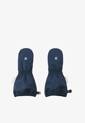 Para ciemnoniebieskich ocieplanych rękawiczek bez palców z elastycznymi ściągaczami na nadgarstkach i małym odblaskowym logo na każdej stronie wierzchniej.