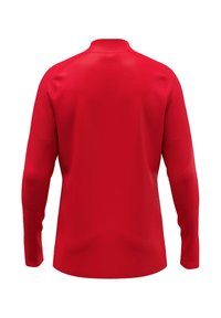Rood sportshirt met lange mouwen, een hoge kraag, gladde stof, gestructureerde schouderpanelen en een getailleerd ontwerp. Geen afbeeldingen of patronen.
