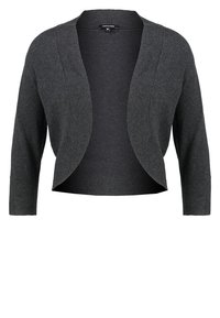 Mörkgrå kort cardigan gjord av mjukt stickat tyg, med öppen framsida och 3/4-långa ärmar, med en slät textur och utan knäppningar.