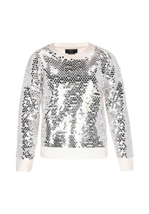 Sequin sweater with a round neckline, featuring a silver and white sequin pattern, long sleeves, and a soft ribbed trim at the cuffs and hem.