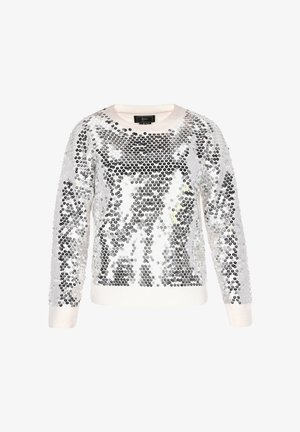 Svetr s flitry a kulatým výstřihem, s stříbrným a bílým vzorem flitrů, dlouhými rukávy a jemným žebrovaným lemem na rukávech a spodním okraji.