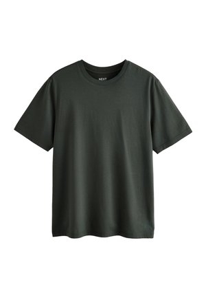 T-shirt en coton vert foncé à manches courtes avec un col rond, présenté à plat sur un fond blanc.