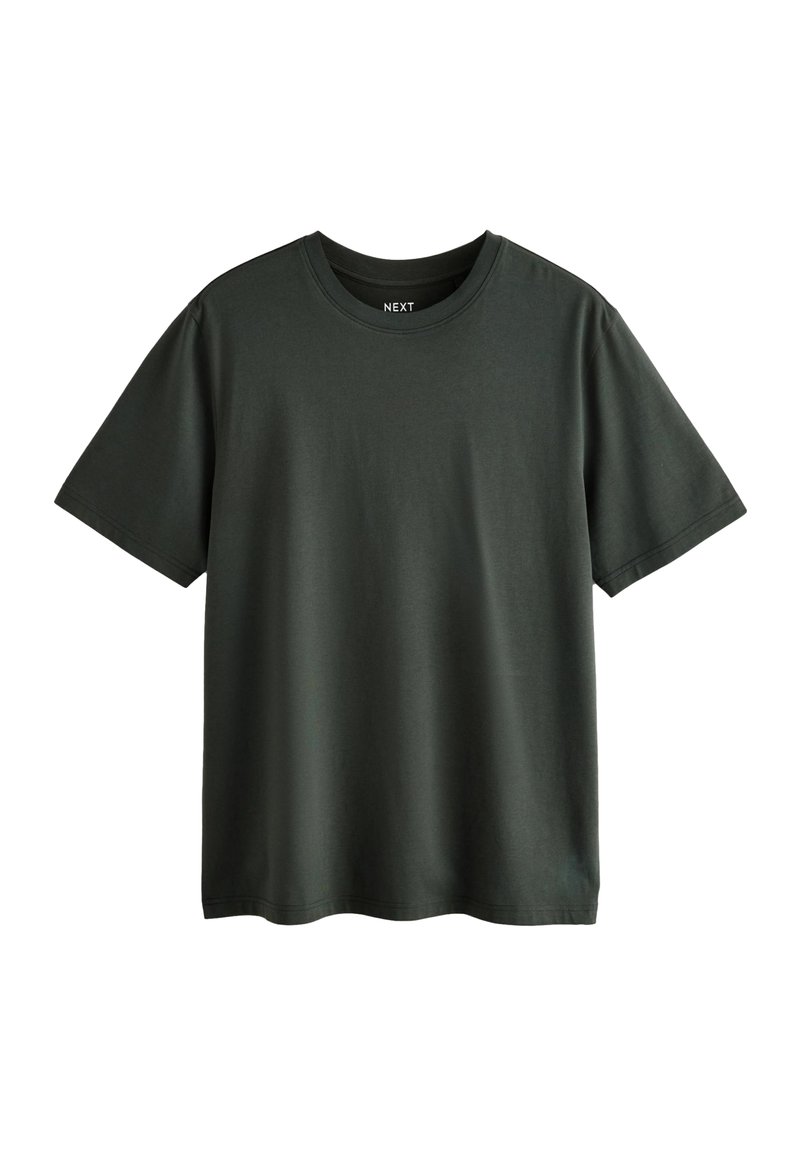 T-shirt en coton vert foncé à manches courtes avec un col rond, présenté à plat sur un fond blanc.