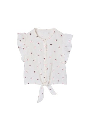 White short-sleeve blouse with small red cherry print, front button closure, ruffled sleeves, and a front tie knot.