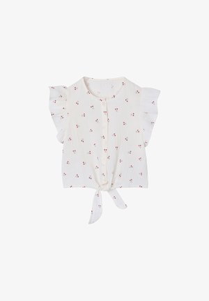 White short-sleeve blouse with small red cherry print, front button closure, ruffled sleeves, and a front tie knot.