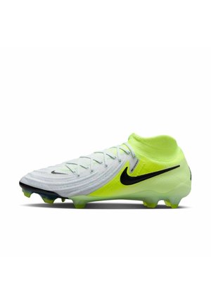 Crampon de football Nike en gris clair et jaune vif. Doté d'une tige texturée, de fermetures à lacets et d'un swoosh noir. Conçu pour une traction sur l'herbe.