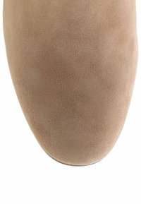 Stivaletto in suede beige chiaro, con una texture liscia e punta arrotondata. Design senza cuciture senza hardware o ornamenti visibili.