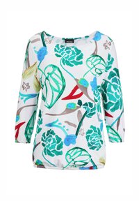 Witte blouse met een bloemenpatroon in blauw, groen en rood. Lange mouwen met elastische manchetten, ronde halslijn en een ontspannen pasvorm.