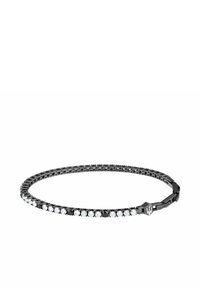 Svart armband med klara runda kristaller i en länkat design, med ett distinkt emblemspänne. Snygg, minimalistisk stil.