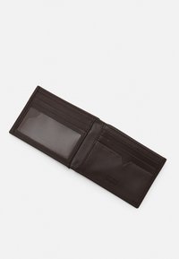 Brown leather wallet with two card slots, a clear ID window, and a textured finish. Folded design for compact storage.