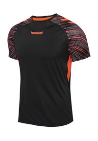 Zwart Sport T-shirt met korte mouwen, voorzien van oranje accenten en een patroon op de schouders. Gemaakt van lichtgewicht, ademend materiaal.