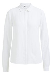 Bílá dlouhá košile s dlouhým rukávem vyrobená z texturované tkaniny, s klasickým límcem, knoflíkovou légu a rovným lemem.