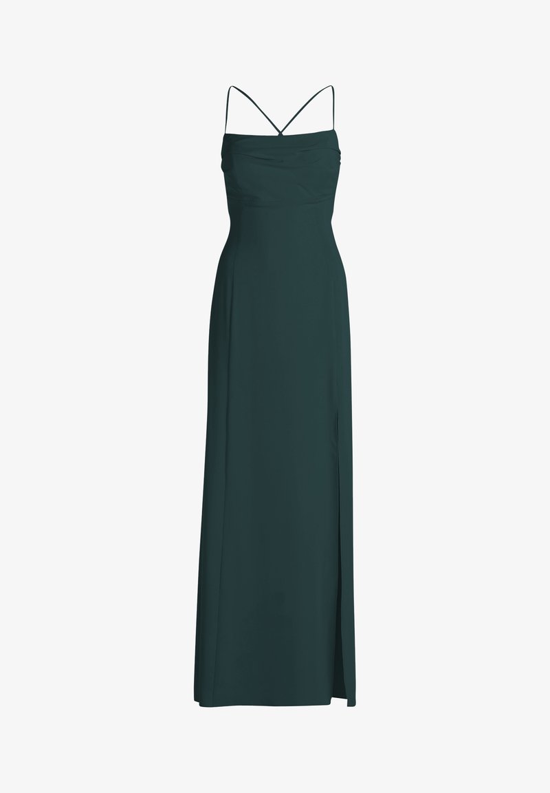 Robe de soirée vert foncé sans manches avec fines bretelles spaghetti croisées et une fente haute sur une jambe.