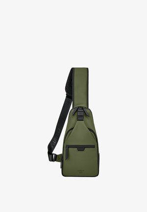 Sac bandoulière olive verte avec poches à fermeture éclair noires, sangle rembourrée réglable et logo "Cerruti 1881" sur le devant.