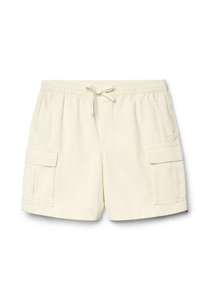 Cremefarbene Cargo-Shorts mit elastischem Bund, Kordelzug, Seitentaschen und Klappentaschen an jedem Bein.