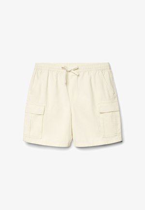 Pantaloncini cargo color crema con vita elastica, laccio regolabile, tasche laterali e tasche a patta su entrambe le gambe.