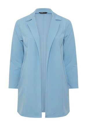 Blazer da donna azzurro chiaro, a maniche lunghe, con apertura frontale, rever a incavo e orlo leggermente svasato.