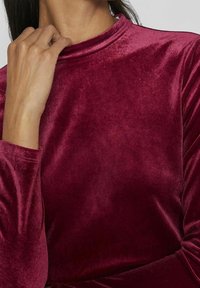 Burgundy sammet långärmad topp med hög hals, med en mjuk textur och volangdetaljer vid handlederna.