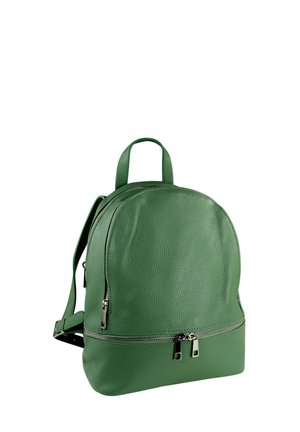 Grüner Leder-Rucksack mit runder Form, strukturierten Oberfläche, zwei Reißverschlüssen und verstellbaren Trägern. Verfügt über einen oberen Griff zum Tragen.