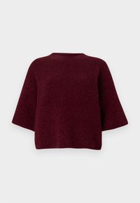 Camisola bordéus com ajuste descontraído, mangas curtas, decote arredondado e tecido macio e texturizado. Design simples sem adornos.