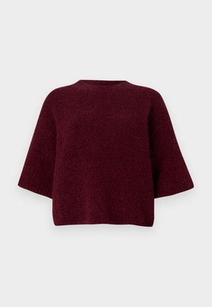 Bordo pulover z ohlapnim krojem, kratkimi rokavi, zaobljenim izrezom in mehko, teksturirano tkanino. Preprost dizajn brez okraskov.