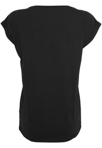Black short-sleeve t-shirt made of soft fabric, featuring a relaxed fit and a rounded hemline. Minimalist design with no patterns or accents.