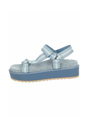 Sandali platform blu con cinturini simili al denim, chiusura regolabile, soletta morbida e suola testurizzata per una migliore aderenza.
