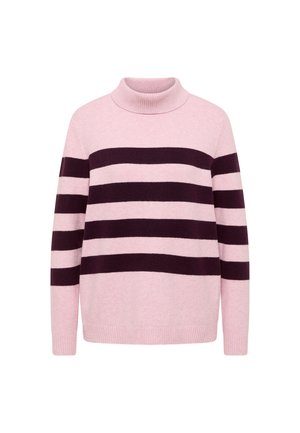 Rosa och mörklila randig tröja med hög krage, tillverkad av mjukt material, med avslappnad passform och ribbade detaljer vid muddar och fåll.
