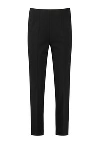 Pantalon noir sur mesure à coupe droite, avec des plis avant et une texture lisse. Design minimaliste, sans éléments visibles ni accents.