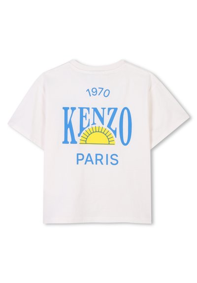 Witte katoenen T-shirt met een blauwe en gele opdruk: "KENZO 1970" en "PARIJS" met een zon grafiek. Korte mouwen, losse pasvorm.