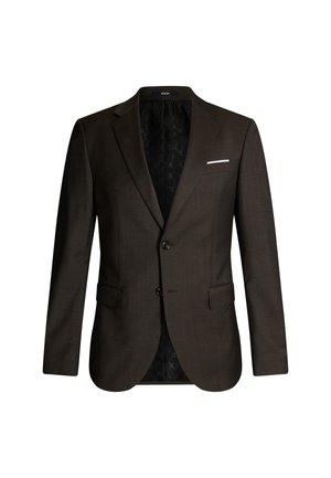 Brauner maßgeschneiderter Blazer mit spitzem Revers, doppelter Knopfleiste, Vordertaschen und gemusterter schwarzer Fütterung. Enthält ein weißes Einstecktuch.