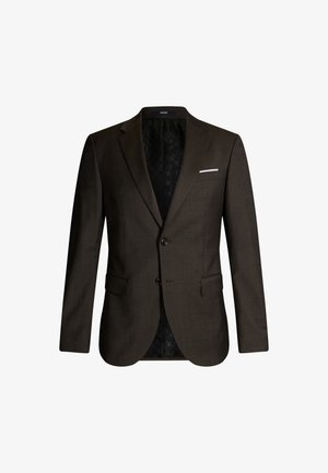 Bruine op maat gemaakte blazer met notch-lapels, dubbele knoopsluiting, voorzakken en een gestreepte zwarte voering. Bevat een witte pochet.