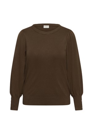 Pull marron à manches longues avec manches bouffantes, poignets côtelés avec boutons, ourlet côtelé et encolure ronde.
