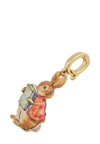 Gold-tone charm depicting a rabbit in a red coat holding a blue-bound book, with detailed painted fur and facial features.