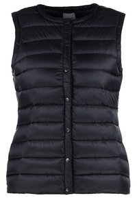 Svart ärmlös vadderad väst med tryckknappar fram, vadderad för värme och rund halsringning.