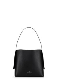 Borsa a spalla in pelle nera con una superficie liscia, design spazioso e una singola tracolla sottile. Presenta un logo sul fronte.