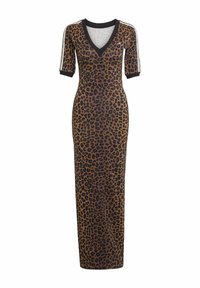 Maxi haljina s leopard printom, kratkim crnim rukavima, V-izrezom i prugastim detaljima; elegantan, uski dizajn u smeškim i crnim tonovima.