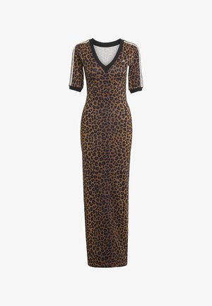 Maxiklänning med leopardmönster, korta svarta ärmar, V-ringning och randiga detaljer; slank, figurnära design i bruna och svarta toner.