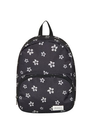 Black fabric backpack with white floral pattern, rounded shape, front zipper pocket, and top handle for easy carrying. Roxy logo present.
