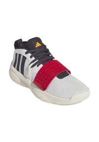 Sportssko med en grå mesh-övre, röd gummistropp med perforeringar, marinblå ränder och svarta accenter på tån och hälen.