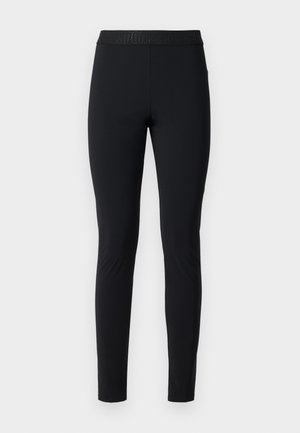 Schwarze Leggings mit einer engen Passform und einem elastischen Bund, der ein strukturiertes Logo zeigt. Hergestellt aus dehnbarem Material für Komfort und Bewegungsfreiheit.