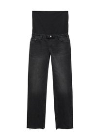 Black maternity jeans with elastic waistband panel and straight legs, featuring front pockets and raw hem detailing.
