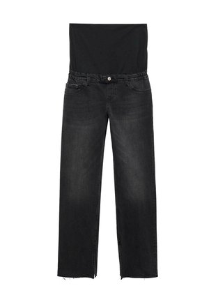 Black maternity jeans with elastic waistband panel and straight legs, featuring front pockets and raw hem detailing.